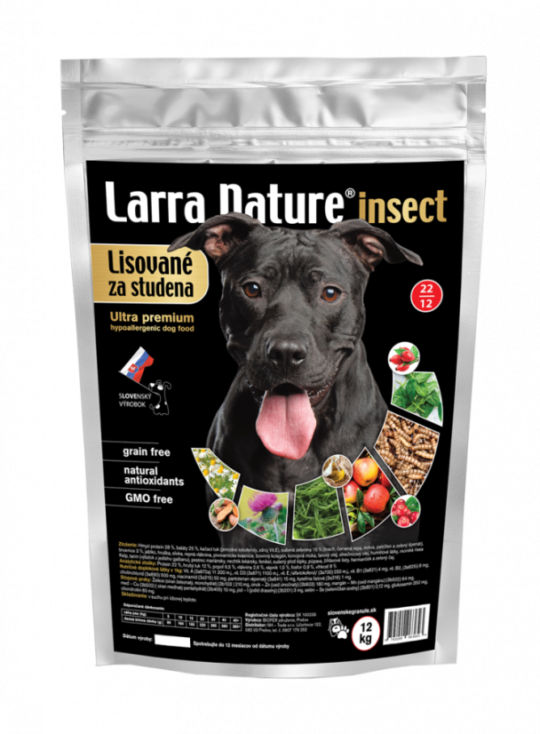 Larra Nature Insect Hypoallergy 22/12 3kg - slovenské hypoalergénne krmivo pre psov trpiacich alergiou na akýkoľvek druh mäsa.