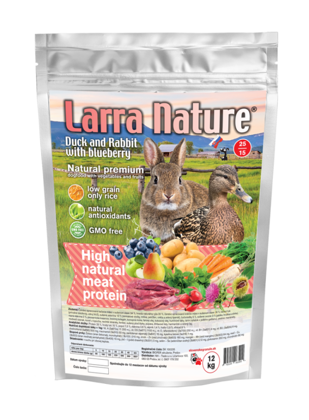Larra Nature Kačka a Králik s čučoriedkami 25/15 12kg - je slovenské určené pre dospelých a senzitívnych psov.