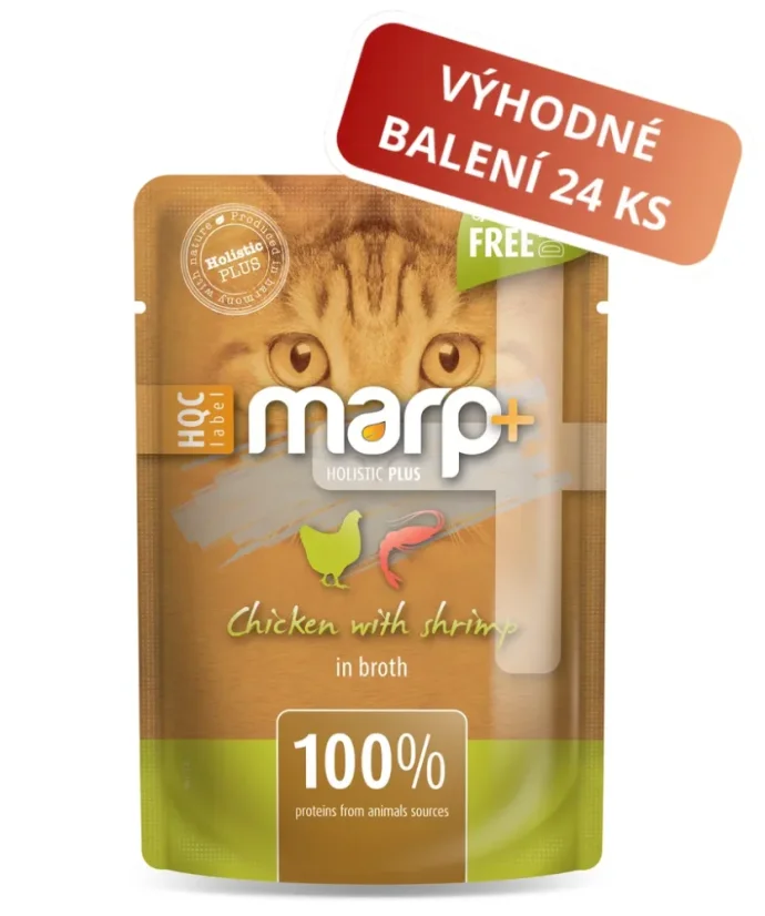 Marp Holistic+ kapsička pre mačky Kura s krevetami vo vývare 24x55g Marp Holistic+ kapsička pre mačky Kura s krevetami vo vývare 24x55g