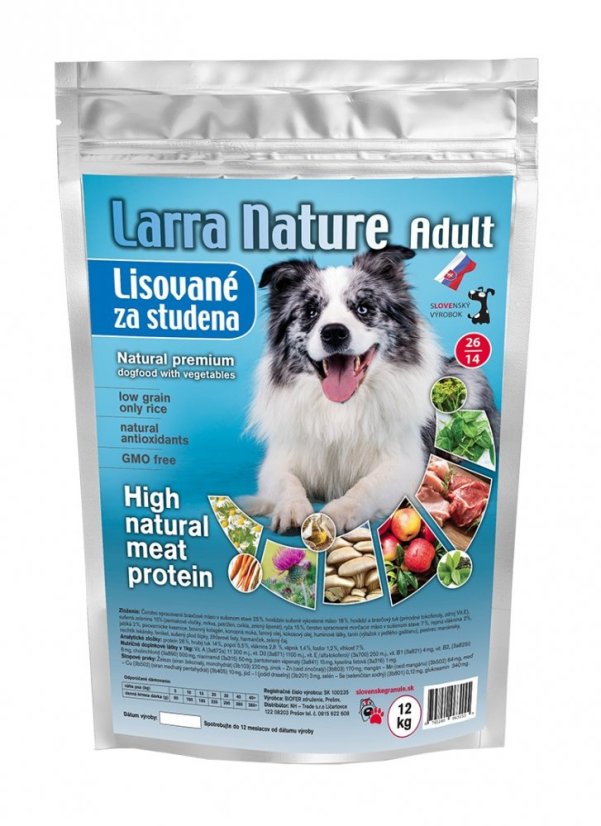 Larra Nature krmivo lisované za studena Adult 26/14 3kg - určené pre menej aktívnych dospelých psov všetkých plemien