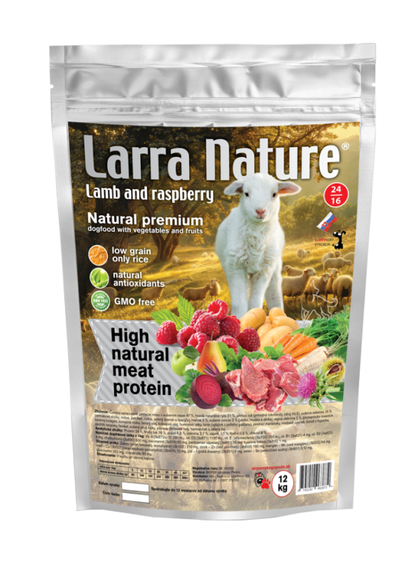 Larra Nature Jahňa s Malinami 26/16 12kg slovenské krmivo určené pre senzitívnych dospelých psov. Larra Nature Jahňa s Malinami 26/16 12kg slovenské krmivo určené pre senzitívnych dospelých psov.