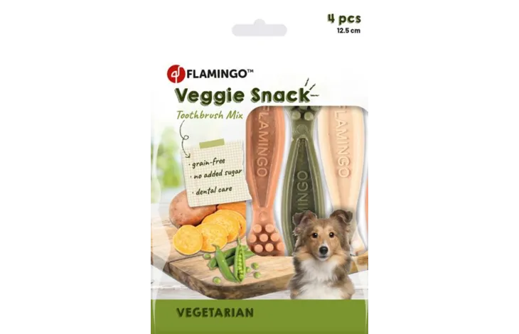 FLAMINGO Veggie Toothbrush Mix dentálne pamlsky pre psa 4ks 12,5cm