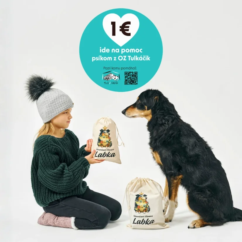 Vianočné vrecko s menom psa - kúpou tohto vrecka zároveň darujete 1 € OZ Tulkáčik v Žiline a pomôžete tak psíkom, ktorý nemajú svoj domov - Vrecko Kosť Veľké